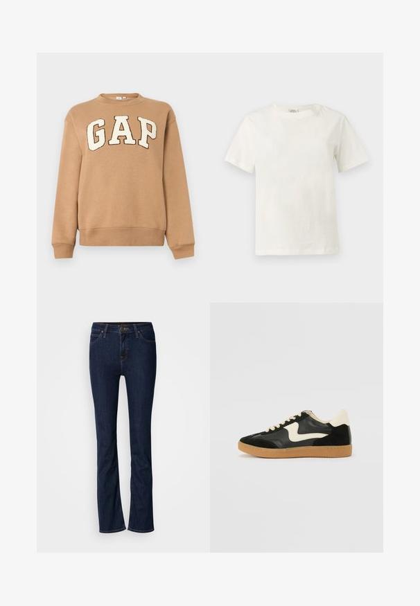 Lysebrun crewneck sweatshirt med store hvide "GAP"-bogstaver omgivet af mørkebrunt på brystet, lange ærmer og ribstrikkede manchetter og kant.; Almindelig hvid bomulds T-shirt med korte ærmer og rund halsudskæring, vist på en neutral lys grå baggrund.; Mørkeblå denim jeans med lige ben-design, fem-lomme stil og lys syning. Linningen har en metal-knap lukning.; Sorte ruskinds- og lædersneakers med en cremefarvet side-swoosh og lys cremefarvet hæl. Har beige snørebånd og en gummirubber-sål.