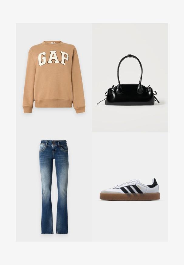 Lichtbruine rondehals sweater met grote witte "GAP" letters omrand door donkerbruin op de borst, lange mouwen en geribbelde manchetten en zoom.; Blauwe spijkerbroek met uitlopende pijpen, voorzien van een licht vervaagde wassing, sluiting met twee knopen en decoratieve stiksels op de voorzakken.; Witte leren sneakers met zwarte strepen, gumrubberen buitenzool, ronde neus, vetersluiting en een zachte grijze suède neuskap.; Kleine zwarte glanzende handtas met twee lange hengsels en zijkant trekkoord details op een effen lichte achtergrond.