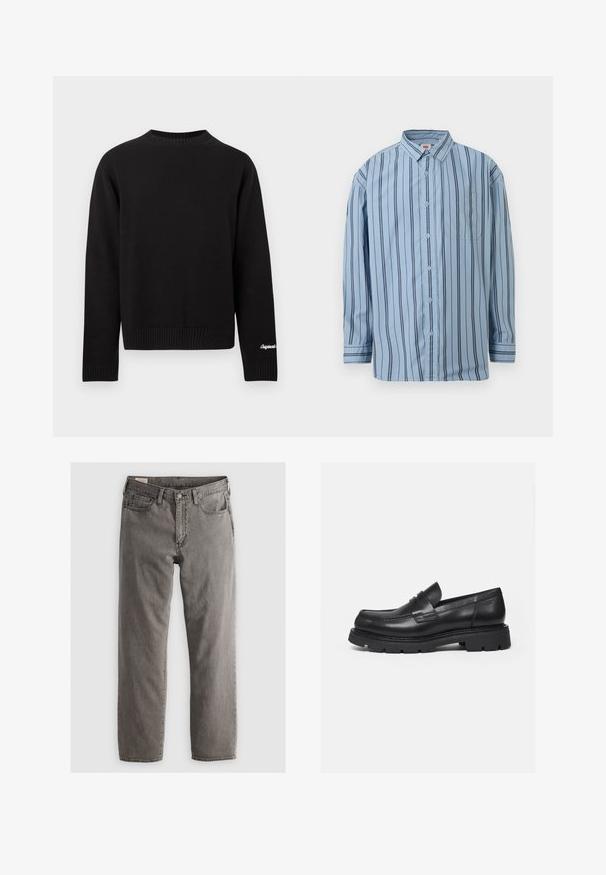 Sort strikket sweater med rund hals, lange ærmer og ribbet kant. Har minimalistiske detaljer og tilbyder et enkelt og klassisk design.; Lyseblå langærmet skjorte med knapper, sorte lodrette striber og en forreste brystlomme.; Grå denimjeans med lige pasform, fem-lomme-design og knaplukning; ingen synlige mønstre eller accenter; let bleget finish.; Sort læderloafer med tyk rillede sål og penny-remdetalje, vist i højre sideprofil på hvid baggrund.