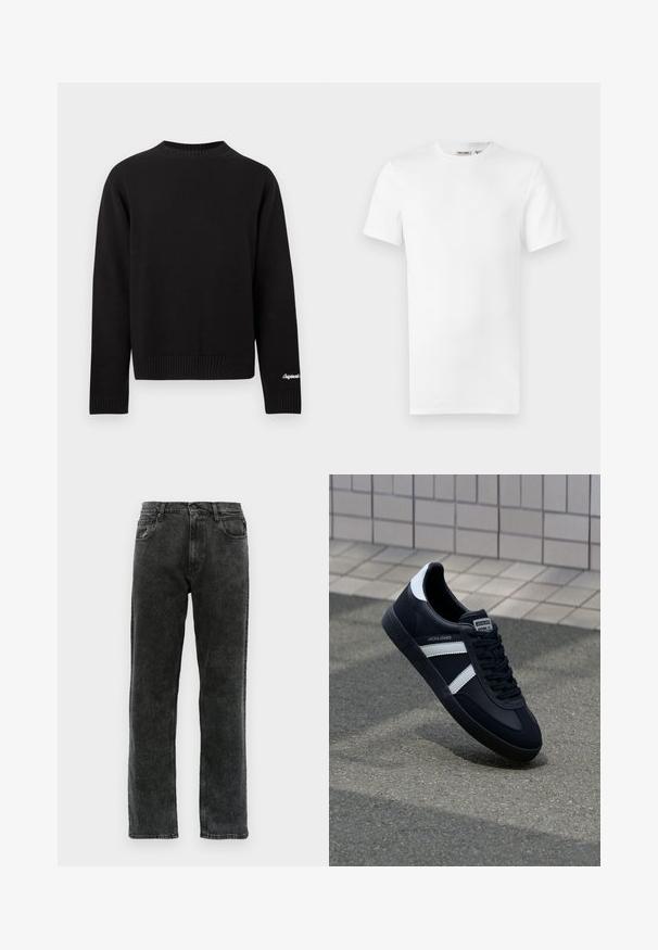 Sort strikket sweater med rund hals, lange ærmer og ribbet kant. Har minimalistiske detaljer og tilbyder et enkelt og klassisk design.; Hvid, kortærmet T-shirt med rund hals og et lille brandlabel inde i kraven, vist på en hvid baggrund.; Sorte denimjeans med lige ben, der har fem lommer, knaplukning og diskret udvaskning langs stoffet.; Sort lædersneaker med hvide striber, tekstureret gummisål og snørrebånd foran. Har et brandet mærke på tungen.