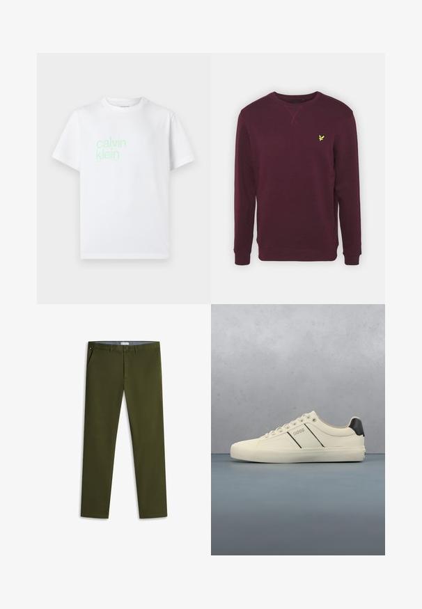 Maranne sweatshirt, jossa on pitkät hihat, ribbed hihansuut ja pyöreä kaula-aukko. Vasemmassa rinnassa pieni keltainen lintulogo. Pehmeä tekstuuri.; Valkoinen puuvillapaita lyhyillä hihoilla. Edessä on vaaleanvihreä "calvin klein" -logo. Standardi pyöreä kaula-aukko.; Olivinvihreät slim-fit chino-housut, joissa edessä nappi ja vetoketju, sivutaskut ja vyölenkit, asetettu tasaisesti valkoisen taustan päälle.; Kermanväriset tennarit, joissa on sileä pinta, mustilla yksityiskohdilla ja brändäyksellä. Klassinen nauhoilla suljettava malli, pyöreä kärki ja kumipohja.