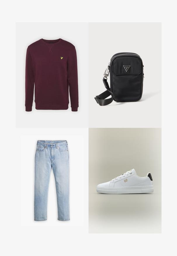 Bordeaux sweatshirt met lange mouwen, geribbelde manchetten en ronde hals. Heeft een klein geel vogel logo op de linkerborst. Zachte textuur.; Lichtblauwe denim jeans met een recht model, vijf zakken en contrasterende stiksels. Knopen- en ritssluiting bij de taille.; Witte lage sneaker met witte veters, gouden "GAP" logo aan de zijkant en een zwarte hielstrook met kleine oranje tekst, op een neutrale achtergrond.; Zwarte nylon schoudertas met een driehoekig metalen logo, ritscompartimenten en een verstelbare strap. Gekozen voor een gladde textuur en minimalistisch ontwerp.