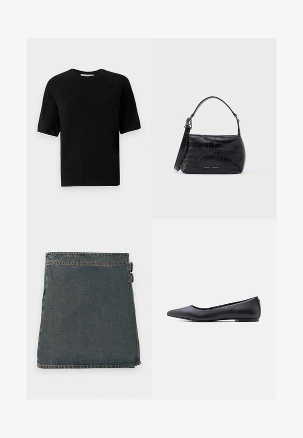 Pull noir à manches courtes en maille douce, avec un col rond et une coupe décontractée, orné d'ourlets côtelés.; Jupe en denim bleu foncé avec une surface texturée, dotée de deux boucles latérales et d'un ourlet droit. Coutures visibles le long des bords.; Chaussure plate en cuir noire à bout pointu avec petit talon, vue de profil sur fond blanc.; Sac à bandoulière en cuir noir embossé crocodile avec poignée supérieure et logo imprimé sur le devant.