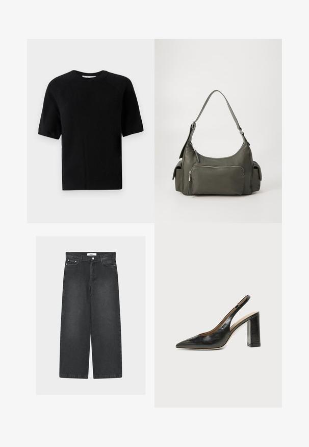Pull noir à manches courtes en maille douce, avec un col rond et une coupe décontractée, orné d'ourlets côtelés.; Pantalon large en denim noir à taille haute, poches avant et fermeture par bouton. Comprend une taille à cordon et une texture lisse.; Chaussure slingback en cuir noir à bout pointu avec un talon bloc haut et une doublure intérieure beige sur un fond clair uni.; Sac à épaule en cuir vert avec un design arrondi, poche zippée à l'avant et poches supplémentaires sur les côtés. Texture lisse et matériel minimal.