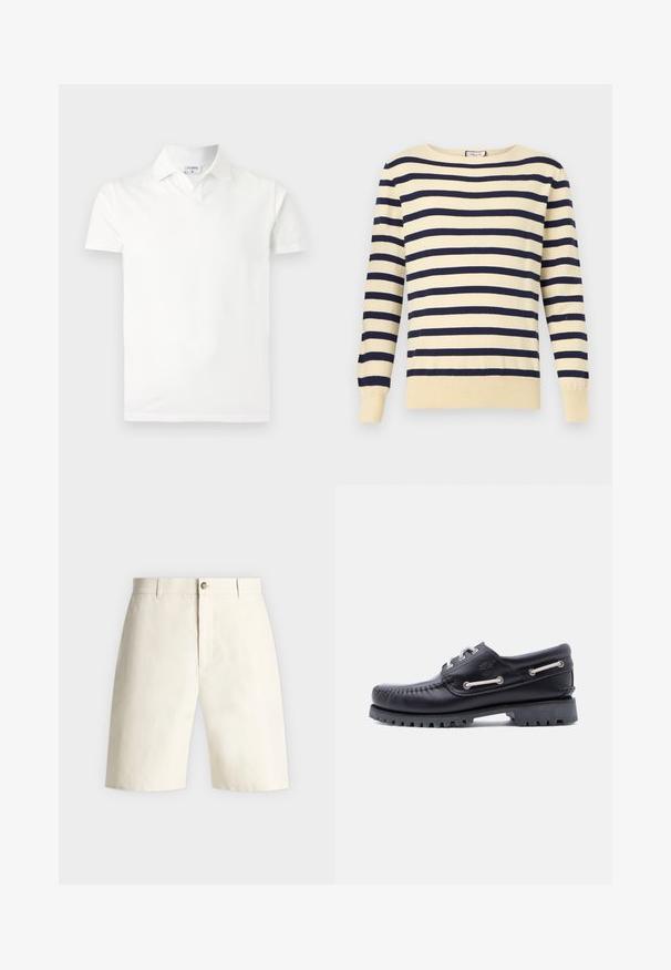 Pull à manches longues couleur crème avec des rayures horizontales bleu marine et un col arrondi, présenté sur un fond clair uni.; Polo blanc à manches courtes avec col et une petite étiquette à l'intérieur du col indiquant « FILIPPA K », présenté sur un fond clair uni.; Shorts couleur crème longueur genou avec passants de ceinture, un bouton devant et une fermeture éclair cachée sur un fond uni.; Chaussure bateau en cuir noir avec détails cousus, semelle en caoutchouc antidérapante et œillets métalliques avec lacets blancs. Logo accentué sur le côté.