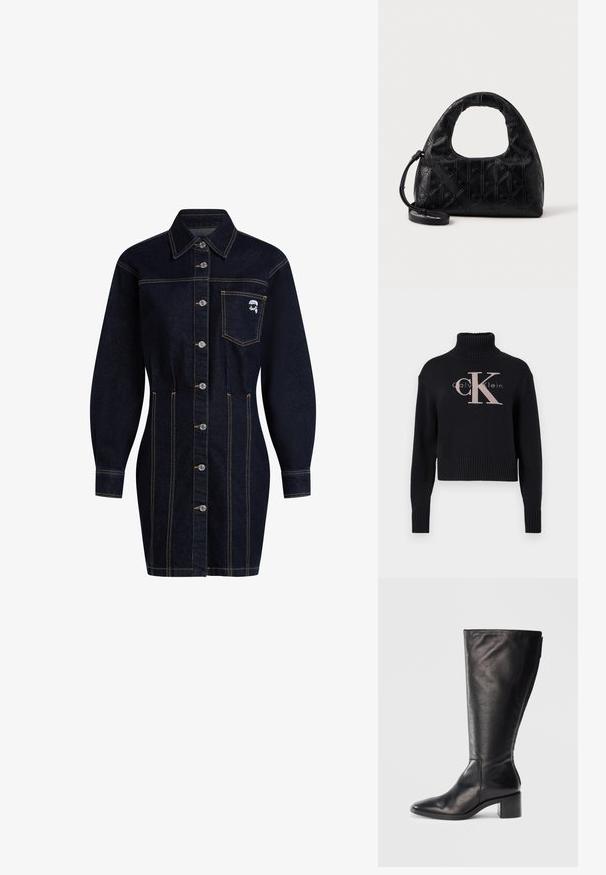 Tumesinine lühike kampsun, ribaga kaelusega, millel on hele roosa tikitud 'CK' logo ja 'calvin klein' tekst. Sile kudumise tekstuur.; Tume denimist särgimek, millel on kraega kaelus, nööbid ees ja pikad varrukad. Omab rinna taskut ja kollaseid õmblusaktsente.; Must must nahkane kõrge varbaga saabas, millel on ruudukujuline varvas, plokknina ja voolav disain. Sile tekstuur ja külgzipper lihtsaks selga panemiseks.; Mustmust mustkott mustaga kaarjas ülemise käepidemega, peene rubiini mustriga ja eemaldatava rihmaga. Tekstuur on sile, koos muljetavaldavate detailidega.