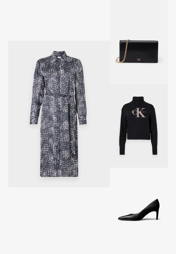 Tumesinine lühike kampsun, ribaga kaelusega, millel on hele roosa tikitud 'CK' logo ja 'calvin klein' tekst. Sile kudumise tekstuur.; Calvin Klein DRESS - Särkkleit - inkwell; Mustast nahast naiste terava ninaga king, keskmise kõrgusega kannaga, külje pealt valgel taustal.; Must mängi nahast klamberkott kuldse ahelaga rihmaga, ristkülikukujuline, esiküljel metallist logo. Sile tekstuur, minimalistik disain.