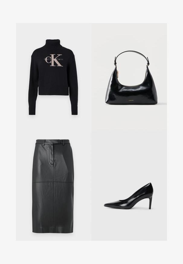 Marineblå cropped sweater med ribbet turtleneck, prydet med et lyserødt broderet 'CK' logo og 'calvin klein' tekst. Glat strikket tekstur.; Sort faux læder blyantskirt med bælteløkker, frontsømm, og skjult lukning, knælang med en glat overflade.; Sort læder højhælede sko med spids tå, glat tekstur og en taperet hæl. Minimalistisk design uden yderligere udsmykninger.; Sort blank Calvin Klein håndtaske med gyldent lynlås og kort rem mod en ensfarvet hvid baggrund.