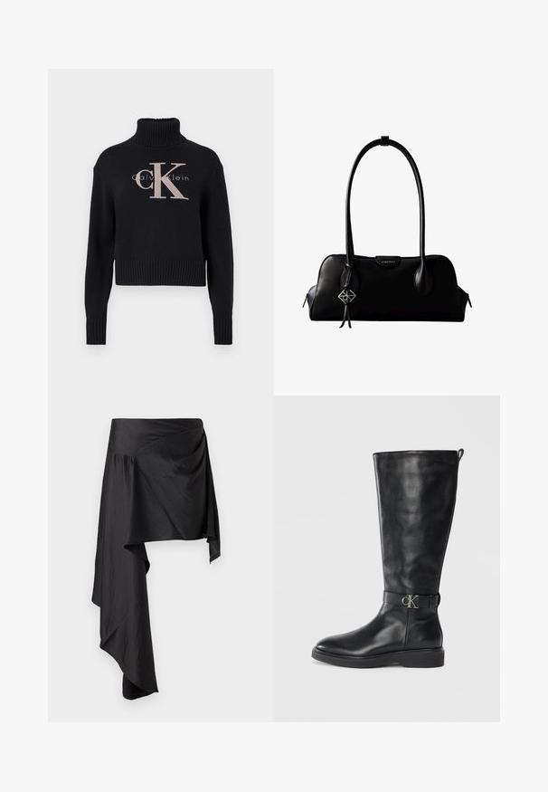Marineblaues, cropped Sweatshirt mit geripptem Rollkragen, das ein hellrosa gesticktes 'CK'-Logo und den Text 'calvin klein' zeigt. Angenehme Stricktextur.; Schwarzer Wickelrock aus glattem, leichtem Stoff. Verfügt über einen asymmetrischen Saum und Raffungen an der Taille für eine fließende Silhouette.; Schwarze Lederkniehohe Stiefel mit niedrigem Absatz, runder Spitze und metallischem "CK"-Logo-Riemen um den Knöchel.; Schwarze Lederhandtasche von Calvin Klein mit langem Schulterriemen, seitlichen Reißverschlüssen und einem dekorativen Anhänger, der an einem Riemen hängt.
