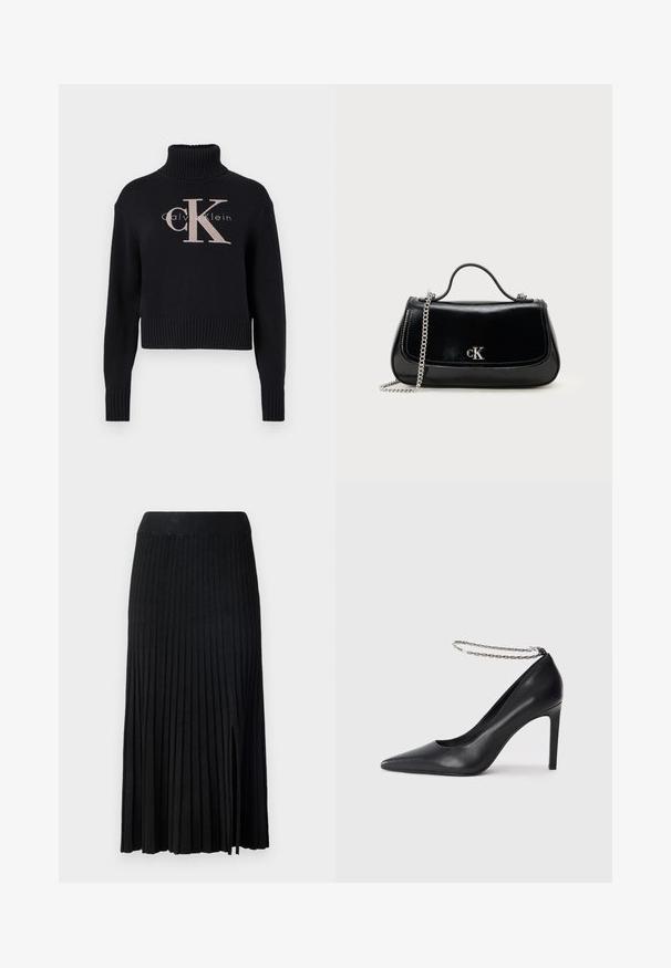 Marineblå cropped sweater med ribbet turtleneck, prydet med et lyserødt broderet 'CK' logo og 'calvin klein' tekst. Glat strikket tekstur.; Sort plisseret midi-nederdel med ribbet talje, der har tekstureret stof, sidelæg og lodrette linjer gennem hele designet.; Sorte læder højhælede pumps med spids tå, der har en tynd sølvkæde ankelrem og en slank, glat tekstur.; Sort læderhåndtaske med en kædestrop, struktureret form og et sølvlogo. Glat overflade med flaplukning.