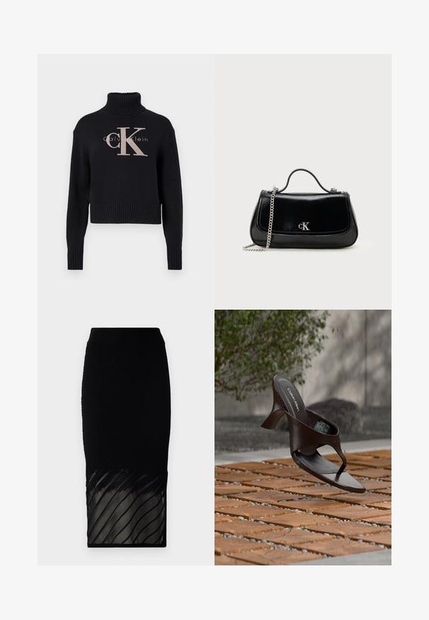Námornícky modrý skrátený sveter s rebrovaným rolákom, s jemne ružovou vyšitou 'CK' logom a textom 'calvin klein'. Hladká pletená textúra.; Čierna sukňa s ryhovanou textúrou, so spodnou časťou z priehľadného materiálu a horizontálnymi pruhmi. Dizajn je priliehavý a siaha po strednú časť lýtok.; Hnedá šľapka na podpätku značky Calvin Klein s remienkom, zavesená nad drevenou dlaždicou a štrkovým vonkajším povrchom s rozmazaným zeleným a kamenným pozadím.; Čierna kožená kabelka s reťazovou rukoväťou, pevný tvar a strieborný akcent s logom. Hladký povrch s klapkovým uzatváraním.