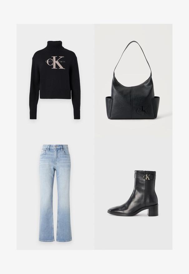 Tumesinine lühike kampsun, ribaga kaelusega, millel on hele roosa tikitud 'CK' logo ja 'calvin klein' tekst. Sile kudumise tekstuur.; Heledad sinine denimist laiemad teksad, millel on kõrge talje, kontrastsete õmblustega, ees taskud ja kerge värvimuutus hemmi suunas.; Must musta ankle boot terava nina, plokke konts ja rihm, millel on metalliline logo detail. Sile tekstuur ja minimaalne disain.; Must nahast õlakott küljetaskutega ja esiküljel reljeefse Calvin Kleini logoga, millel on ülemine tõmblukuga sulgemine.