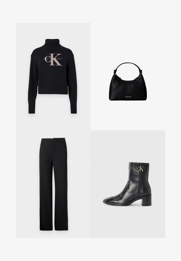 Suéter cortado de color azul marino con cuello alto acanalado, que presenta un logo bordado en rosa claro con 'CK' y el texto 'calvin klein'. Textura de punto suave.; Pantalones negros a rayas con corte recto, que presentan una textura suave y una cinturilla, aptos para vestimenta formal o de negocios.; Bota de tobillo de cuero negra con punta afilada, tacón cuadrado y una correa con un detalle de logo metálico. Textura suave y diseño minimalista.; Bolso negro de piel texturizada con una sola correa y logo plateado de Calvin Klein en la parte delantera, cierre con cremallera en el lateral.