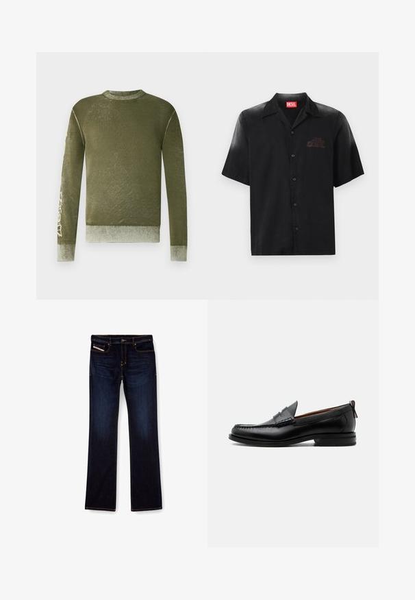 Langärmeliges olivgrünes Sweatshirt mit gerippten Bündchen und Saum, dezenter verwaschener Textur und hellfarbigen grafischen Text auf dem rechten Ärmel.; Schwarz kurzärmliges Hemd aus glattem Stoff mit durchgehender Knopfleiste, das ein dezentes geprägtes Logo auf der linken Brust trägt.; Dunkelblaue Jeans aus Denim mit geradem Bein, ausgestattet mit orangefarbenen Nähten, einem Reißverschluss und Vordertaschen. Glatte Textur und Standardbund.; Schwarzer Leder-Herrenschuh mit Mokassinnaht, Penny-Riemen, strukturiertem Kragen und niedrigem gestapeltem Absatz auf weißem Hintergrund.