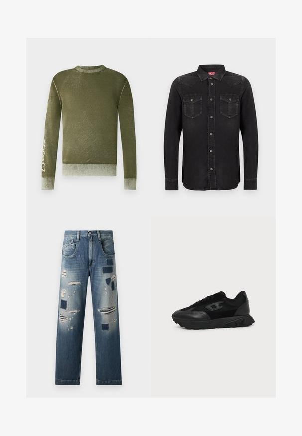 Langärmeliges olivgrünes Sweatshirt mit gerippten Bündchen und Saum, dezenter verwaschener Textur und hellfarbigen grafischen Text auf dem rechten Ärmel.; Schwarzes Denim-Hemd mit langen Ärmeln, Druckknöpfen, spitzem Kragen und zwei Taschen vorne. Es verfügt über einen leichten Glanz und kontrastierende Nähte.; Jeans aus Denim mit abgenutzten Flicken und verschiedenen Blautönen, im geraden Schnitt und mit klassischem Fünf-Taschen-Design.; Schwarzer Low-Top-Sneaker mit strukturierter Sohle, Mesh- und Lederoberseite, Schnürung vorne und kleinem eingeprägtem Logo auf dem Seitenpanel.
