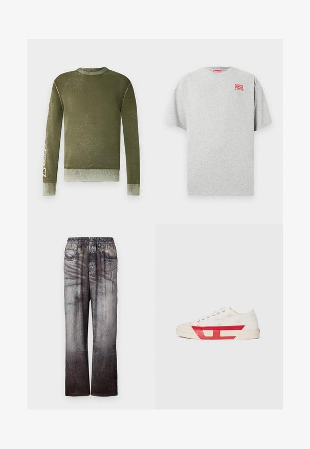 Langärmeliges olivgrünes Sweatshirt mit gerippten Bündchen und Saum, dezenter verwaschener Textur und hellfarbigen grafischen Text auf dem rechten Ärmel.; Graues Baumwoll-T-Shirt mit rundem Ausschnitt und kurzen Ärmeln. Mit einem kleinen roten "DIESEL"-Logo auf der Brust. Glatte Textur.; Jeans mit einem verblassten Blau-zu-Grau-Gradient, elastischem Bund und seitlichen Taschen. Sie besitzen eine strukturierte Oberfläche mit subtilem Nähen.; Leinensneaker mit weißem Obermaterial, roten Gummidetails und einem strukturierten Design. Verfügt über eine runde Zehenpartie und fünf Ösen für die Schnürsenkel.