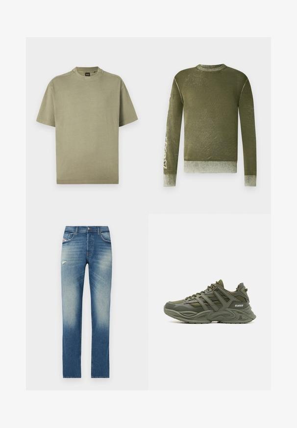 Suéter de manga larga de color verde oliva con puños y dobladillo acanalados, textura sutilmente desteñida y texto gráfico de color claro en la manga derecha.; Camiseta de algodón suave de manga corta en verde oliva con cuello redondo y diseño sencillo, que presenta un logotipo sutil en el escote.; Jeans de denim azul con un diseño de pierna recta, que presentan un ligero desvanecimiento, un pequeño detalle desgastado en la parte frontal y un estilo estándar de cinco bolsillos.; Guess BELLUNO - Zapatillas - green