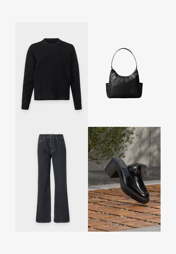 Zwart sweatshirt van zacht materiaal, met een ronde halslijn, lange mouwen en een relaxte pasvorm, met een gladde textuur.; Donkerdenim flare jeans met een hoge taille, voorzien van gouden stiksels, vijf zakken en een knoopsluiting. Gladde textuur, recht gesneden ontwerp.; Zwarte leren Calvin Klein slip-on mule met blokhak rustend op houten tegels buiten, vlak bij een groene plant en een grijze muur.; Zwarte leren schoudertas met een enkele schouderband, zijvakken en een subtiel ingebosst Calvin Klein-logo rechtsonder aan de voorkant.