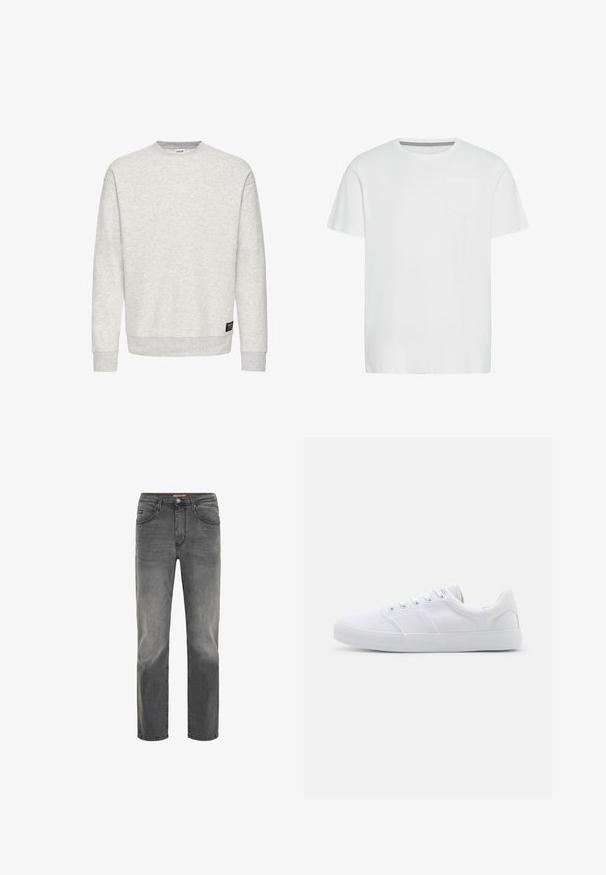 Lys grå crewneck sweatshirt med lange ærmer, ribbede manchetter og kant, samt et lille sort mærke nær den nederste højre side.; Hvid bomulds t-shirt med rund hals, korte ærmer og en enkelt brystlomme. Har et subtilt hørmønster på den indre halsudskæring.; Drejede mænds jeans i falmet mørkegrå denim med frontlommer, bæltestropper og knappelukning.; Hvide lærreds sneakers med gummisål, der har seks snørehuller, en struktureret tåkap og et minimalistisk design.