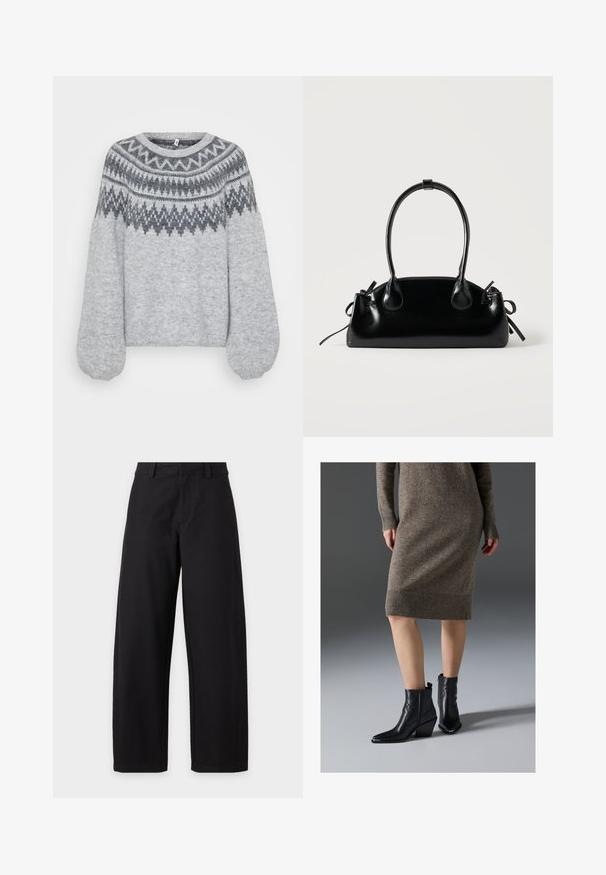 Lys grå strikket sweater med rund halsudskæring, lange ballonærmer og et geometrisk mønster i mørkere nuancer langs bærestykket.; Sort højtaljede bukser med vide ben, bæltestropper og sømdetaljer foran på hvid baggrund.; Sorte læder ankelstøvler med spidse tæer, en kraftig hæl og zigzag-stikningsdetaljer, parret med en ribbet, brun strik kjole.; Lille sort blank håndtaske med to lange håndtag og snøre-detaljer i siden på en ensfarvet lys baggrund.