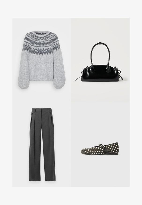Suéter de punto gris claro con cuello redondo, mangas largas en forma de globo y un patrón geométrico en tonos más oscuros a lo largo del canesú.; Pantalones ajustados gris con un diseño de pierna ancha, frente con pliegues y un tejido texturizado, con un acabado limpio y sin herrajes visibles.; Zapato plano negro con puntera redondeada, adornado con tachuelas plateadas. Cuenta con una correa con hebilla sobre el empeine. Textura lisa, tacón bajo.; Pequeño bolso negro brillante con dos asas largas y detalles de cordón lateral sobre un fondo claro liso.