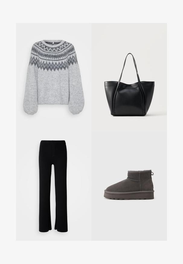 Pull en tricot gris clair avec un col rond, des manches bouffantes longues et un motif géométrique dans des teintes plus foncées le long du yoke.; Pantalons évasés noirs en tissu doux, avec une fermeture à boutons à l'avant et un design lisse et sans embellissements.; Marco Tozzi Bottes de neige - graphite; Sac cabas en cuir noir avec deux longues anses et un bord supérieur légèrement incurvé, présenté sur un fond clair uni.