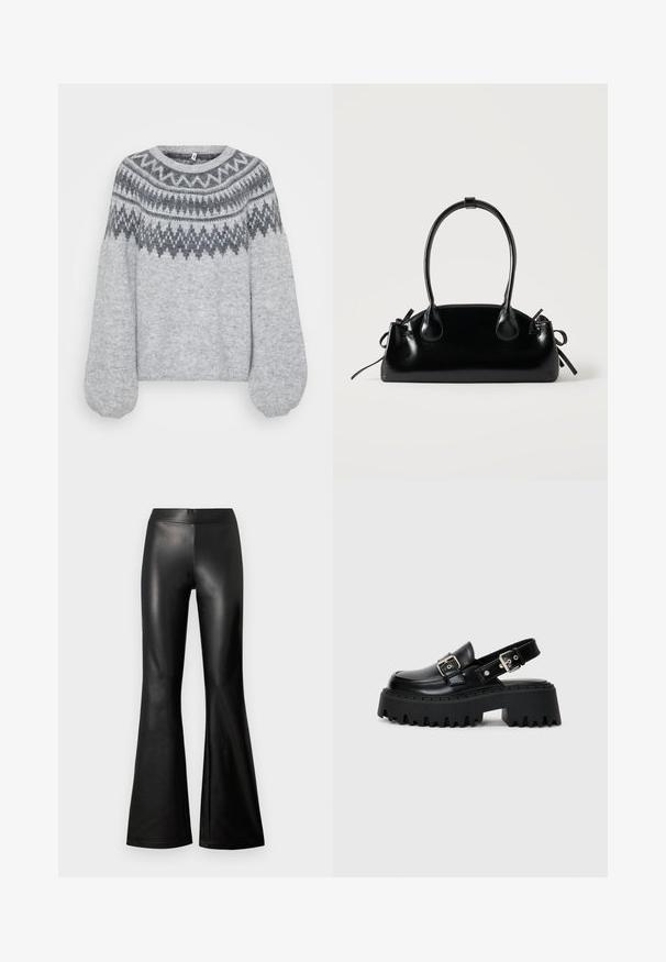 Lys grå strikket sweater med rund halsudskæring, lange ballonærmer og et geometrisk mønster i mørkere nuancer langs bærestykket.; Sort flared bukser lavet af glat, blankt kunstlæder; har en høj talje og en tætsiddende silhuet, der udvider sig ved kanten.; Sorte platform sandaler lavet af skinnende læder, med en spænde rem og en tekstureret tyk sål med udtalte riller.; Lille sort blank håndtaske med to lange håndtag og snøre-detaljer i siden på en ensfarvet lys baggrund.