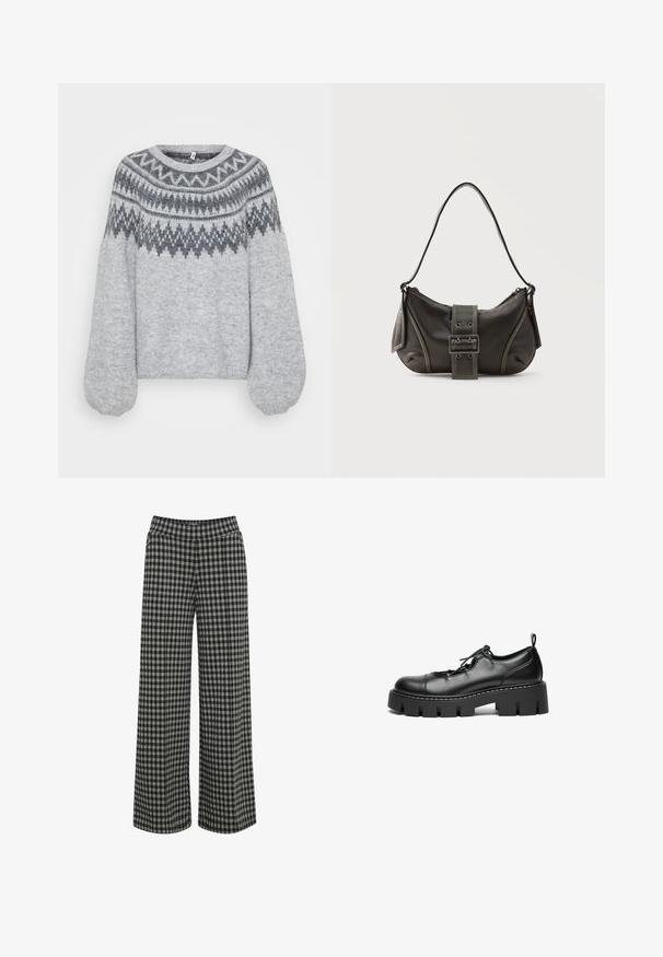 Suéter de punto gris claro con cuello redondo, mangas largas en forma de globo y un patrón geométrico en tonos más oscuros a lo largo del canesú.; ICHI IHKATE - Pantalones - vetiver; Zapatos de cuero negro con cordones, punta redonda, suela de plataforma gruesa y detalle de costura decorativa a lo largo del borde.; Bolso de hombro de cuero negro con detalle de correa con hebilla, bordes curvos y costuras blancas en contraste sobre un fondo liso.
