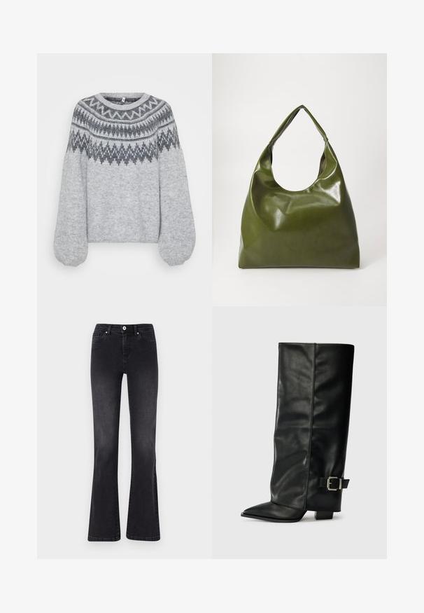Pull en tricot gris clair avec un col rond, des manches bouffantes longues et un motif géométrique dans des teintes plus foncées le long du yoke.; Jeans évasés noirs en denim, dotés d'une fermeture à bouton, de cinq poches et d'un léger délavage. Détails cousus le long des coutures.; Bottes noires en cuir longueur cheville avec un bout pointu, texture lisse et une accent en boucle argentée sur le côté. Talon carré épais.; Sac hobo en cuir vert au design décontracté, avec une poignée incurvée et une texture lisse. Ne contient aucun matériel ou accent visible.