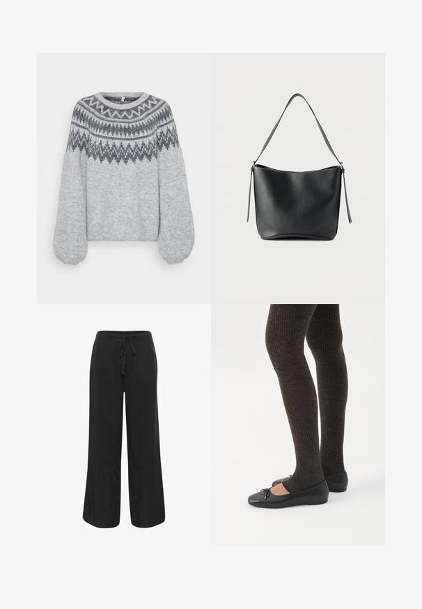 Lys grå strikket sweater med rund halsudskæring, lange ballonærmer og et geometrisk mønster i mørkere nuancer langs bærestykket.; Culture CUNAVI CLARINA - Bukser - black; Ben iført mørke ribbede leggings kombineret med sorte balletsko med små sløjfedetaljer på hvid baggrund.; Sort skuldertaske i læder med en enkelt bred strop og diskrete sølvfarvede detaljer på en ensartet hvid baggrund.