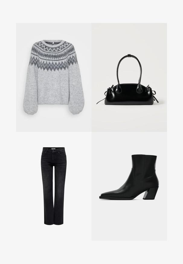 Lichtgrijze gebreide trui met een ronde halslijn, lange ballonmouwen en een geometrisch patroon in donkerdere tinten langs de schoudernaad.; ONLY BLUSH MID STRAIGHT NOOS - Straight leg jeans - washed black; Zwarte leren enkelboot met een spitse neus, een slanke silhoeet en een chunky vierkante hak. Gladde textuur met minimale stikdetails.; Kleine zwarte glanzende handtas met twee lange hengsels en zijkant trekkoord details op een effen lichte achtergrond.