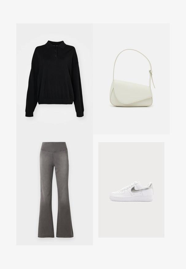 Pull noir avec un col, trois boutons et des manches amples. Fabriqué en tissu texturé avec un ourlet côtelé.; Pantalons gris évasés avec une taille lisse et extensible, ajustés au niveau des cuisses, s'élargissant vers une ouverture de jambe plus large.; Baskets basses blanches avec le swoosh Nike argenté et l'avant perforé, présentées sur un fond gris clair uni.; Sac à main en cuir synthétique blanc avec une forme triangulaire structurée, une bandoulière unique réglable et un rabat à courbes accentuées.