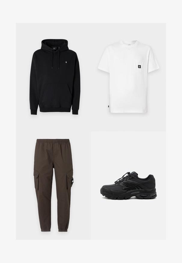 Haut à capuche noir en mélange de coton avec une poche kangourou, un cordon de serrage, des poignets côtelés et un petit logo sur la poitrine gauche.; T-shirt en coton blanc avec encolure ronde, manches courtes et une poche poitrine ornée d'un patch logo noir. Texture lisse, coupe décontractée.; Pantalons cargo en tissu marron foncé, avec une taille élastique, des jambes fuselées et deux poches latérales avec rabats.; Baskets de sport noires avec tissu texturé, semelle épaisse et rembourrée, aérations et fermeture à lacets, vues de profil sur fond clair.