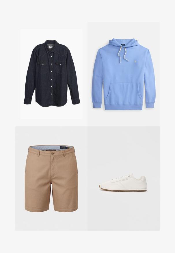 Hele sinine kapuutsiga pusa pikkade varrukatega, esiküljel tasku, valged paelad ja väike kollane tikkimismärk Polo Ralph Laureni logoga rinnal.; Tume denimis pikkade varrukatega särk terava kraega, kahe rinnataskuga, valgete nuppudega ja kontrastse kollase õmblusega. Sujuv ja vastupidav kangas.; Meeste beežid chino lühikesed püksid vööaasade, eesmist nööpi, küljetaskute ja Polo Ralph Laureni brändilogoga sisemise vöökohaga.; Valged spordijalatsid, millel on siledast nahast ülemine osa, beež kummitald, ümar varvas ja lihtne nööbistamissüsteem. Omab peent logo detaili.
