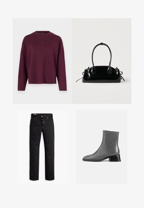 Vero Moda Knitted VMSILJE Knitted - Strickpullover - winetasting; Schwarze Denim-Jeans mit geradem Schnitt, Fünf-Taschen-Design und Knopfverschluss. Mit Kupfennieten und Nähtelementen.; Graue Lederstiefelette mit runder Zehenform und einem kurzen, gestapelten schwarzen Absatz. Glatte Textur mit minimalen Details.; Kleine schwarze glänzende Handtasche mit zwei langen Griffen und seitlichen Kordelzug-Details vor einfachem hellem Hintergrund.