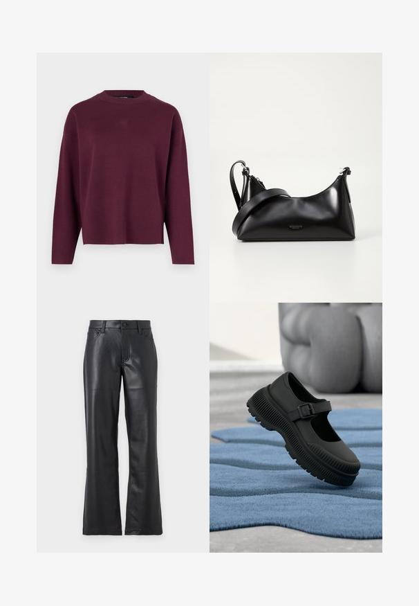 Vero Moda Knitted VMSILJE Knitted - Πουλόβερ - winetasting; Μαύρο δερμάτινο παντελόνι με φαρδύ σχέδιο, που διαθέτει μπροστινές τσέπες, θηλιές ζώνης και κουμπί κλεισίματος. Λείος υφασμάτινος περίβολος με ορατή ραφή.; Μαύρο παπούτσι στυλ Mary Jane με χοντρή ραβδωτή σόλα και λουράκι με αγκράφα, τοποθετημένο πάνω σε υφασμάτινο μπλε χαλί με θολό φόντο.; Μαύρη δερμάτινη τσάντα χειρός με λεία υφή. Διαθέτει ρυθμιζόμενο λουρί και κομψό, μινιμαλιστικό σχέδιο με φερμουάρ.
