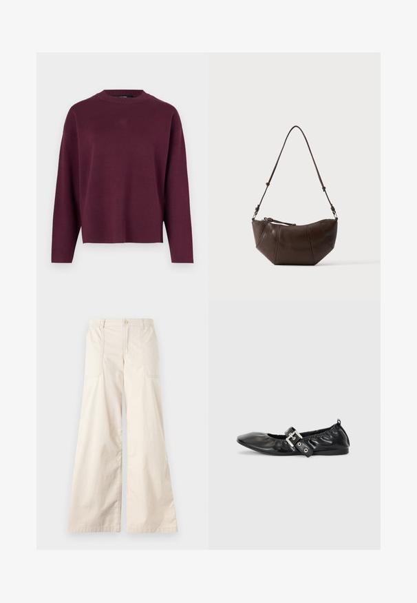 Vero Moda Knitted VMSILJE Knitted - Svetrík - winetasting; Béžové nohavice s širokými nohavicami, vybavené gombíkovým zapínaním, elastickým pásom a dvoma bočnými vreckami. Hladká bavlnená tkanina s jemnou textúrou.; Čierna kožená plochá obuv s špicatou špičkou, zberaným detailom okolo otvoru a strieborným prackovým akcentom na nastaviteľnom remienku.; Hnedá kožená kabelka na rameno s zakriveným dnom a nastaviteľným popruhom na jednofarebnom svetlom pozadí.