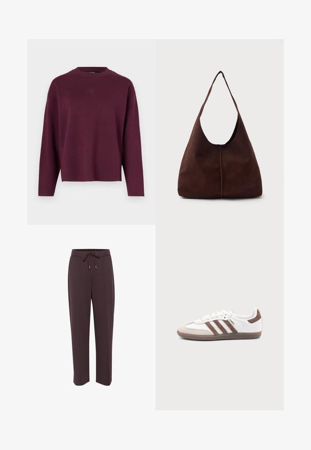 Vero Moda Knitted VMSILJE Knitted - Pullover - winetasting; Pantalons de survêtement marron foncé avec taille à cordon, poches latérales et coupe décontractée. Tissu doux avec une texture lisse et design à jambe droite.; Baskets Adidas Samba blanches avec des bandes en daim marron, semelle en caoutchouc marron et bout en daim beige, vues du côté extérieur sur un fond uni.; Sac hobo en daim marron avec une grande ouverture courbée et une large bandoulière. Présente une couture centrée à l'avant. Texture lisse.