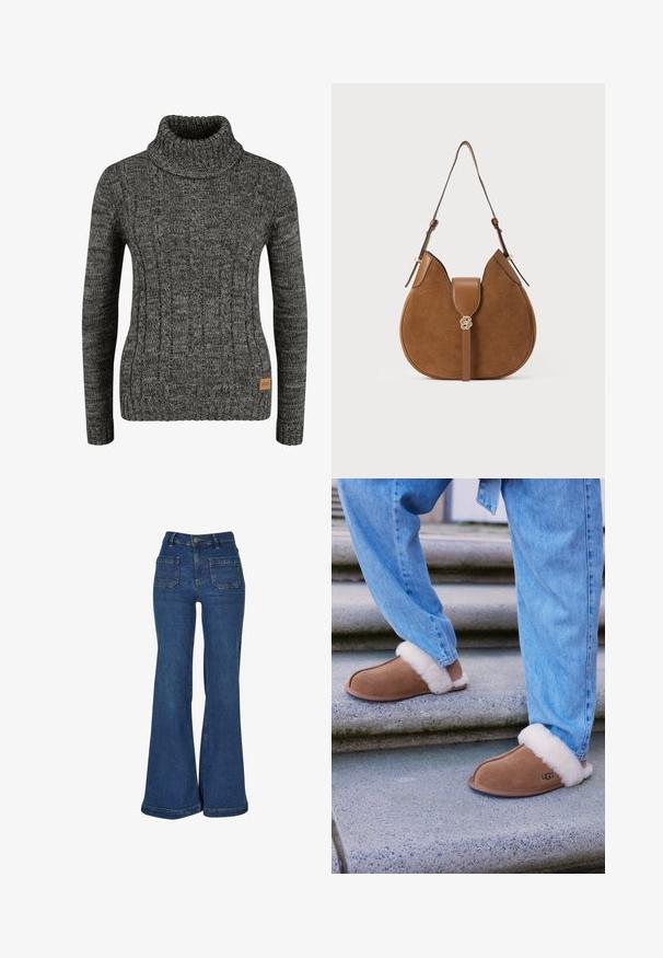 Grå rullekrave sweater med kabelstrikdesign, ribbede ærmer og kant, og med et vævet mærke i nederste venstre hjørne.; Blå cowboybukser med høj talje og vide, udvidede ben, forlommer med lapper, bæltestropper og knaplukning.; Brune ruskind tøfler med hvid faux pelsforing, rund tå og gummisål, parret med blå denim jeans på granittrapper.; Brun ruskind skuldertaske med et buet design, der har en læderrem og en gylden logoaccent på den forreste flap. Glat tekstur.