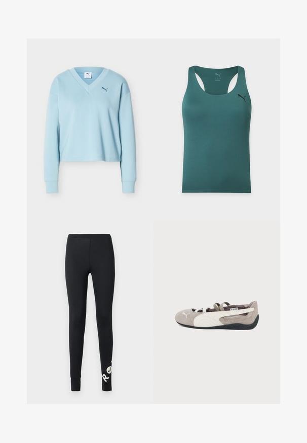 Sweat-shirt court à manches longues bleu clair avec col en V et petit logo Puma bleu foncé sur la poitrine gauche.; Débardeur sportif sans manches vert sarcelle avec dos nageur et petit logo Puma noir sur le haut gauche de la poitrine.; Leggings noirs longs avec taille élastique et texte partiel de logo blanc sur la partie inférieure de la jambe droite.; Ballerine plate en daim brun clair avec logo Puma blanc, bande latérale blanche, sangles élastiques et semelle en caoutchouc noire.