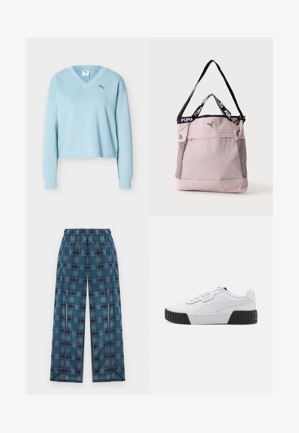 Sweat-shirt court à manches longues bleu clair avec col en V et petit logo Puma bleu foncé sur la poitrine gauche.; Pantalon large à carreaux bleus et noirs avec taille élastique et poches latérales, présenté à plat sur un fond clair.; Baskets blanches avec une tige en cuir texturé, semelle plate-forme en caoutchouc noir et logo doré subtil sur le côté. Lacets ronds et détails cousus.; Sac fourre-tout Puma rose clair avec bandoulière noire, poignées courtes avec logo Puma, poche avant zippée et poches latérales en mesh.