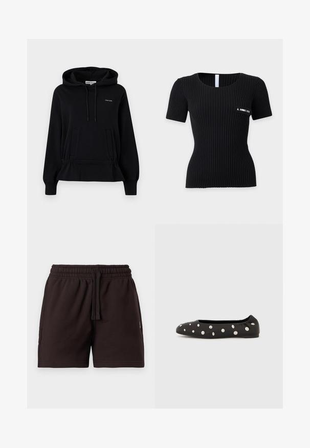 Black hooded sweatshirt with front pockets, drawstring hood, ruched waist, and small white "Stine Goya" logo on chest.; Black ribbed short-sleeve fitted top with round neckline and small patch on left chest with white text.; Black elastic waist shorts with drawstring, flat front, and side pockets, displayed on a plain light background.; Black ballet flat shoe with elastic back and scattered large silver round studs on upper side, shown in profile on white background.