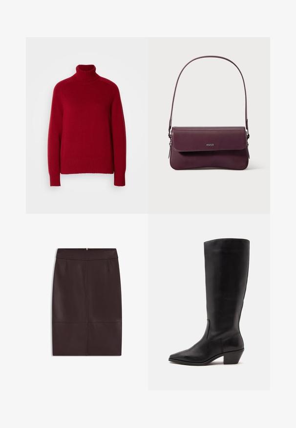 Rød rullekrave sweater med ribbede manchetter og kant, lavet af et blødt strikkemateriale, med en afslappet pasform og tydelige sømlinjer.; Bordeaux læderblyantnederdel med en glat tekstur, der har frontfald og en skjult lynlås bagpå til lukning.; Sort læderstøvle til midtkalv med spids tå og lavt skråt hæl på en enkel lys baggrund.; Bordeauxfarvet lædertaske med et struktureret design, der har en klaplukning og en justerbar rem. Logo detaljer præget på forsiden.