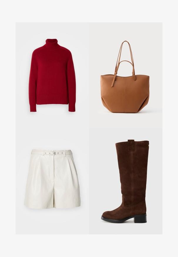 Punainen korkea kaulusneule, jossa on ribbausvarret ja -helma, valmistettu pehmeästä neulemateriaaliesta, erottuvilla saumanviivoilla ja rentoa istuvuutta.; ONLY Synthetic leather ONLHEIDI Mid waist Regular Fit - Shortsit - pumice stone; Ruskokartio nahasta tehty polven yli ulottuva saapas, jossa on neliön muotoinen kärki, paksu korko, sivusaumadetail ja kangasvetolenkki ylhäällä.; Vaaleanruskea tekonahkainen olkalaukku, jossa on kaksi pitkää kahvaa, pyöreä muoto, näkyvät saumat ja pystysuora saumakuviointi. Sileä pinta.