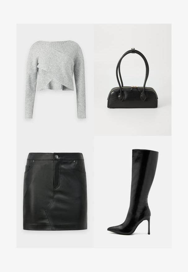 Grå ribstrikket cropped sweater med et krydsende design, lange ærmer og en blød tekstur. Indeholder horisontale og vertikale ribbemønstre.; Sort faux læder mini nederdel med frontknap, lynlås lukning, front- og baglommer samt sømdetaljer.; Sort knæhøj støvle lavet af blank læder, med en spids tå og en slank stilethæl. Glat tekstur med minimalistisk design.; Sort læder håndtaske med to langstrakte håndtag, lynlåslukning og afrundet form; glat tekstur med en subtil blank finish.