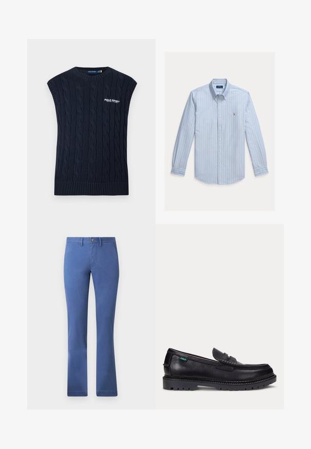 Tmavomodrá pletená bezrukávová vesta so vzorom copov, s okrúhlym výstrihom, rebrovaným lemom a bielym logom Polo Sport Ralph Lauren na hrudi.; Svetlomodrá košeľa s dlhým rukávom na gombíky s bielymi vertikálnymi pruhmi a malým vyšívaným logom Polo Ralph Lauren na hrudi.; Modré nohavice z bavlnenej zmesi so strihom rovného nohavice, zapínaním na gombík, funkčnými vreckami a hladkou textúrou. Jednoduchý a univerzálny štýl.; Čierny kožený mokasín s hrubou drsnou podrážkou a malou zelenou značkou "Polo" na vonkajšej strane pri päte.
