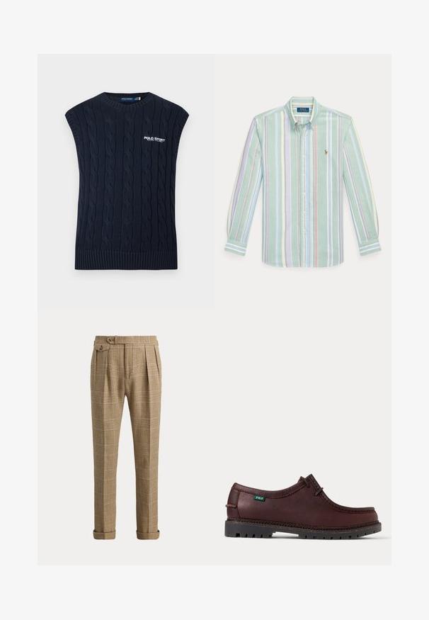 Marineblaue kabelgestrickte ärmellose Pulloverweste mit rundem Hals, geripptem Saum und weißem Polo Sport Ralph Lauren Logo auf der Brust.; Langärmliges Hemd mit Knöpfen und vertikalen Pastellstreifen in Grün, Blau, Pink und Gelb, mit Kragen und Polo Ralph Lauren-Logo auf der Brust.; Braune und beige karierte Hose mit Falten, gekrempelten Säumen und einer mit Knopf verschlossenen Seitentasche auf neutralem Hintergrund.; Dunkelbrauner Leder-Mokassinschuh mit schwarzer robuster Sohle und grünem Polo-Logo-Etikett an der Seite, Seitenansicht.