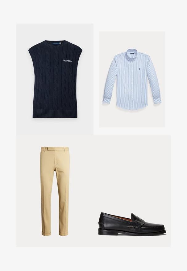 Marineblaue kabelgestrickte ärmellose Pulloverweste mit rundem Hals, geripptem Saum und weißem Polo Sport Ralph Lauren Logo auf der Brust.; Hellblaues langärmeliges Hemd mit weißen vertikalen Streifen, einem Button-Down-Kragen und einem kleinen Logo auf der linken Brusttasche.; Beige Hose mit geradem Bein, Gürtelschlaufen, vorderem Reißverschluss und umgeschlagenen Säumen, vor einem schlichten hellen Hintergrund gezeigt.; Schwarzer Lederloafer mit niedrigem Absatz und Pennyriemendetail, von der Seite auf hellgrauem Hintergrund gezeigt.