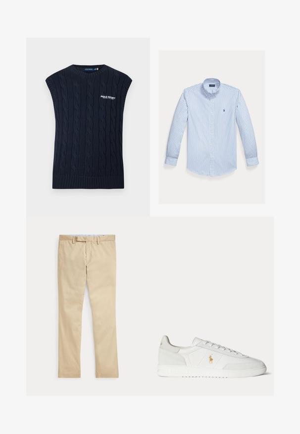 Marineblauw kabelgebreide mouwloze trui met ronde hals, geribde zoom en wit Polo Sport Ralph Lauren-logo op de borst.; Lichtblauw overhemd met lange mouwen en verticale witte strepen, een button-down kraag en een klein logo op het linker borstzakje.; Beige broek met rechte pijpen, ceintuurlussen en een voorrits, plat gelegd tegen een witte achtergrond.; Witte lage sneaker met vetersluiting, gouden Polo Ralph Lauren-logo aan de zijkant en een gestructureerde zool op een effen achtergrond.