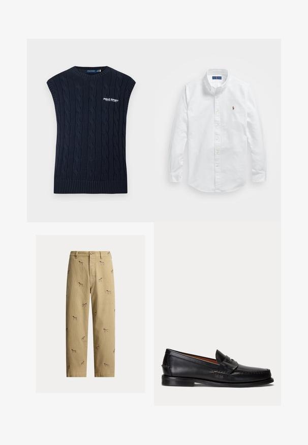 Tmavomodrá pletená bezrukávová vesta so vzorom copov, s okrúhlym výstrihom, rebrovaným lemom a bielym logom Polo Sport Ralph Lauren na hrudi.; Biela bavlnená košeľa na gombíky s klasickým golierom, dlhými rukávmi a malým vyšitým logom na ľavej hrudi.; Béžové kordurové nohavice s vyšívanými motívmi psov, rovný strih nohavíc, päťvreckový štýl s predným zapínaním na gombík.; Čierny kožený mokasín s nízkym podpätkom a detailom s penny remienkom, zobrazený z boku na svetlosivom pozadí.